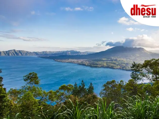 Panoramic view of Mount Batur active volcano and Lake Batur crater in Kintamani, Bali